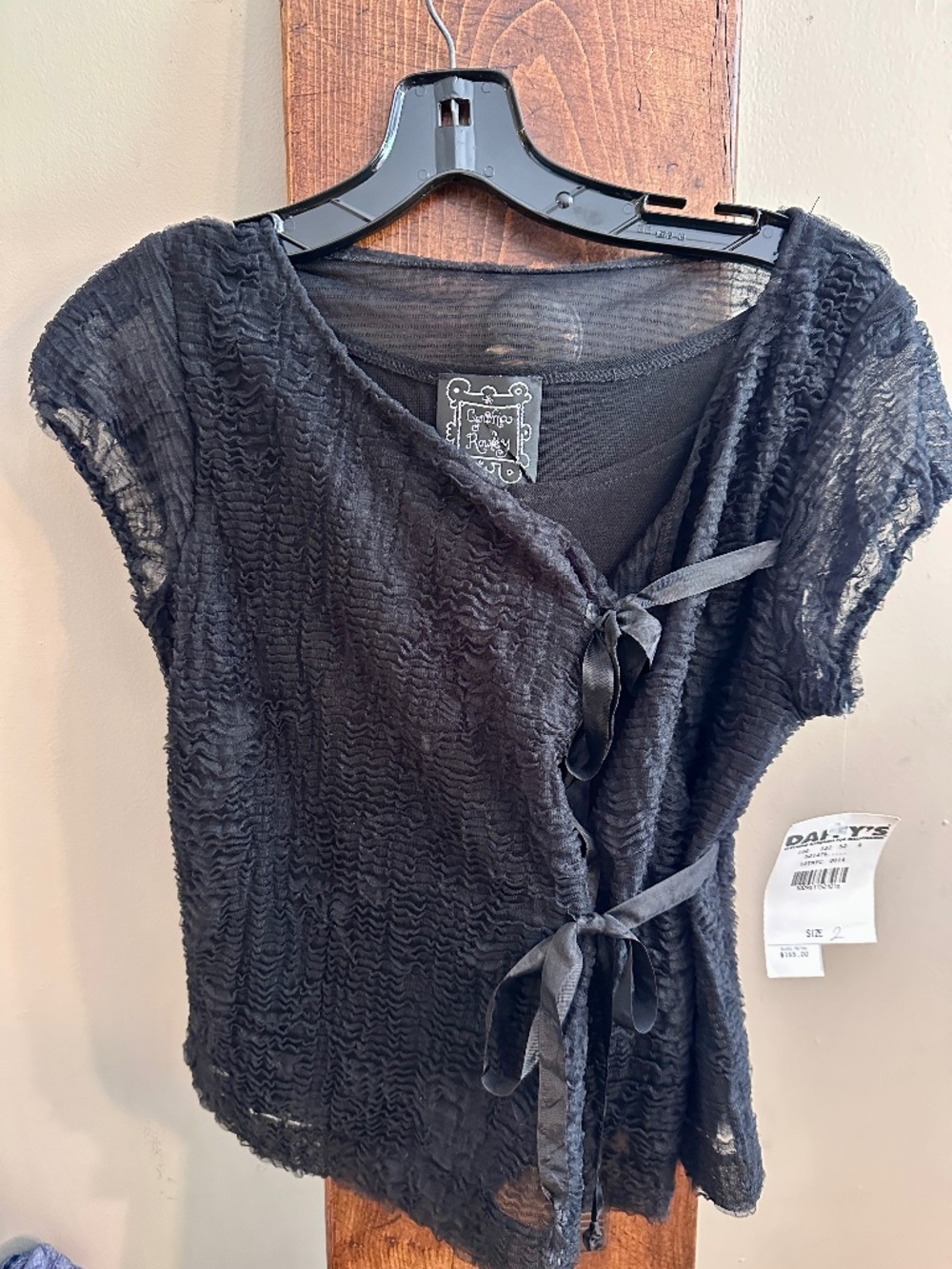 CYNTHIA ROWLEY DESIGNER Cap Sleeve Black Blouse w Crinkle Overlay NWT $165 Sz 2
